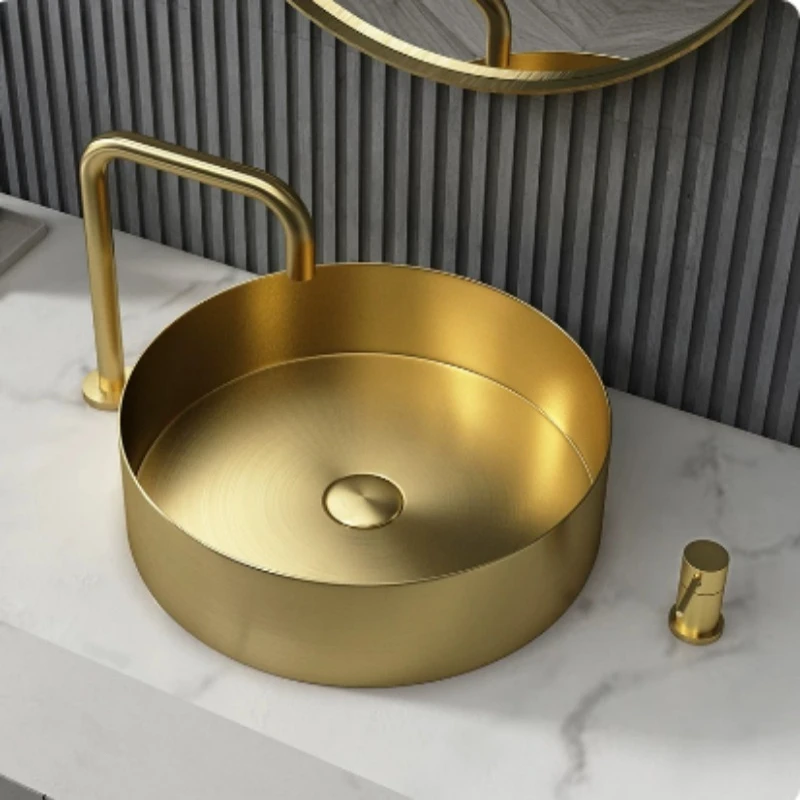 Golden Round Stainless Steel Sink Bathroom Countertop Vessel Wash Basin