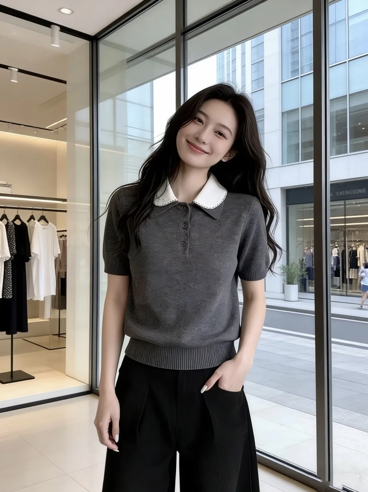 

Double Collar Short Sleeve Knitted Shirt Deep Grey Pure Color Half Buttoned Short Length Top Simple Elegance Style Summer Fas...