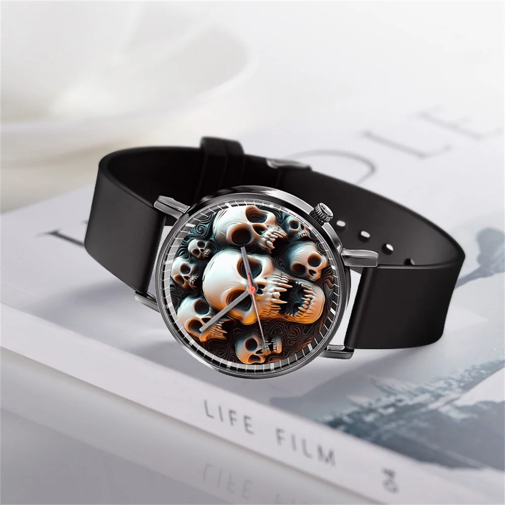 Fashion 2024 Hot White Skull Design Men\'s and Women\'s Quartz Watch Casual Black Silicone Gift Clock Wristwatch