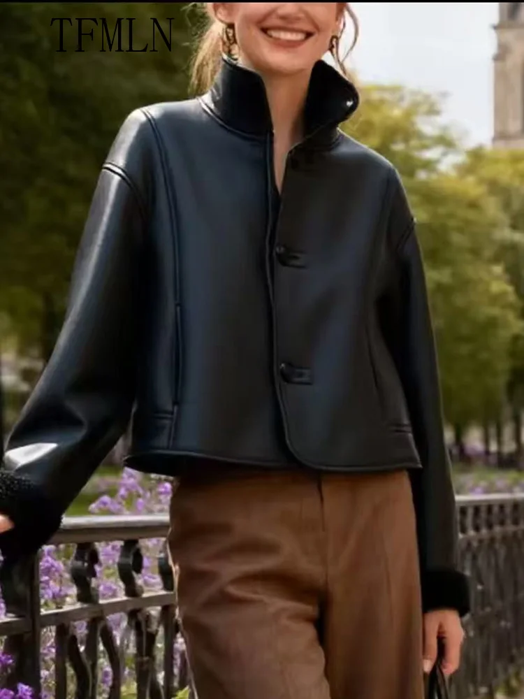 

Женское новое пальто из искусственной кожи, осень-зима 202, однобортная куртка с воротником-стойкой и длинными рукавами, модная женская свободная женская верхняя одежда