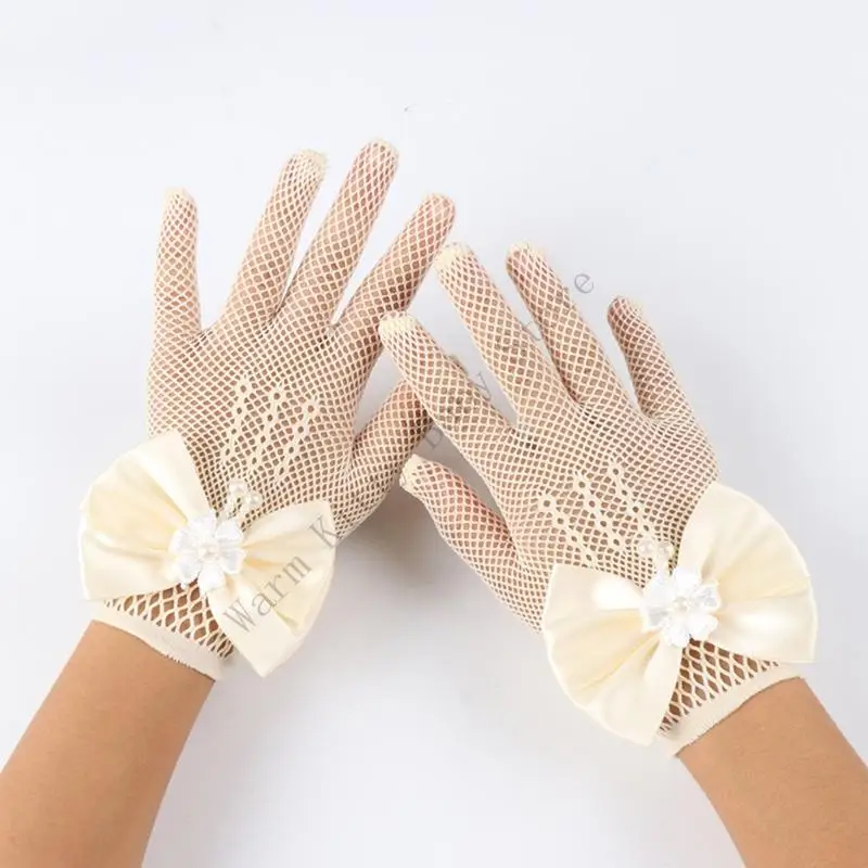 

1 Pair Children Girls Pink Lace Faux Pearl Gloves Elegant Kids Five Fingers Bowknot Mittens For Wedding Bride Party