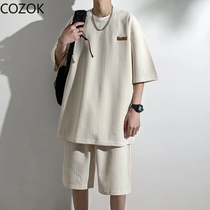 Japanese 2024 New Summer Men's Suit Trend Loose Clothing Tide Students Short-sleeved T-shirt Suit Five-sleeved Two-piece Set