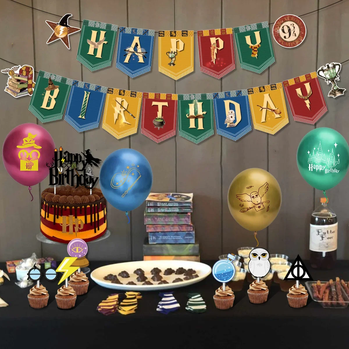Magic Academy Birthday Party Supply Disposable Banner Cake Topper Hanging Flag Balloons Set Hot Harries Birthday Decoration image 4