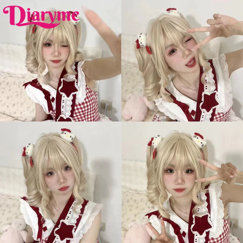 Peruka syntetyczna kobiecy kostium na Halloween Cosplay peruka Lolita podwójny kucyk Lolita jk krótkie włosy z kręconymi pazurami kucyk blond