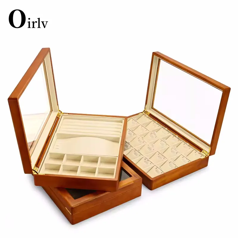 Oirlv Newly Multi-function Jewelry Organizer Box Wooden Ring Display Trays Bracelet Storagecase with Microfiber Ladies Gift