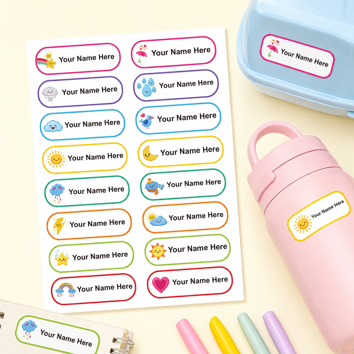 

64PCS Custom Name Label Stickers, Weather & Animal Icon Waterproof Personalized Labels for Bottles, Lunch Boxes & Supplies