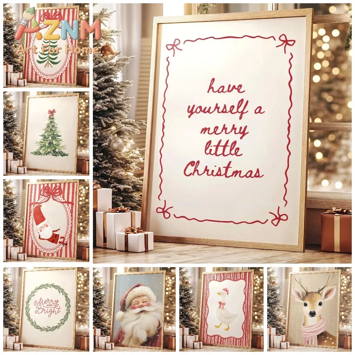 Merry Christmas Striped Quotes Canvas Print Retro Santa Claus & Christmas Tree Wall Art Posters for Modern Christmas Home Decor