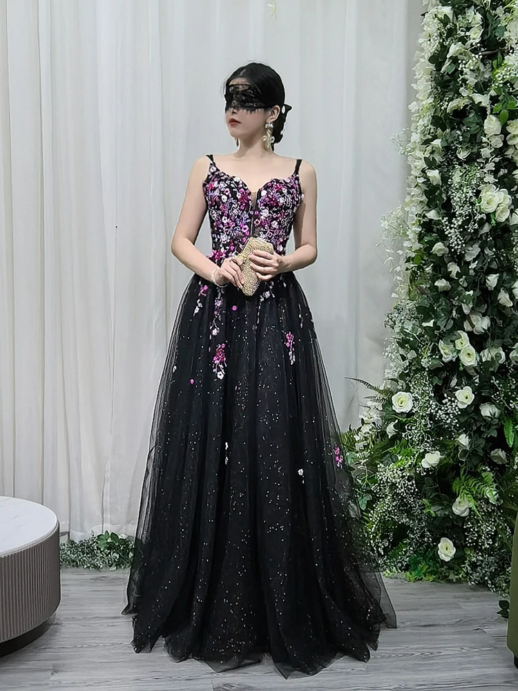 Luxury Black Evening Dress With Embroidery Flower Custom Prom Dress Rear Strap Design For Boutique Graduation Quinceanera YM34