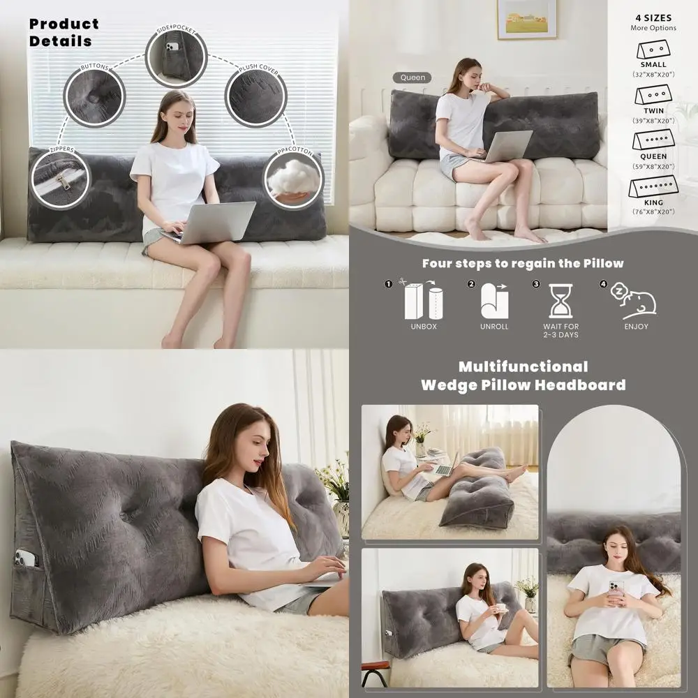 

Queen Size Triangular Bolster Pillow for Bed, Soft Support Headboard, Removable Cover, Dark Grey