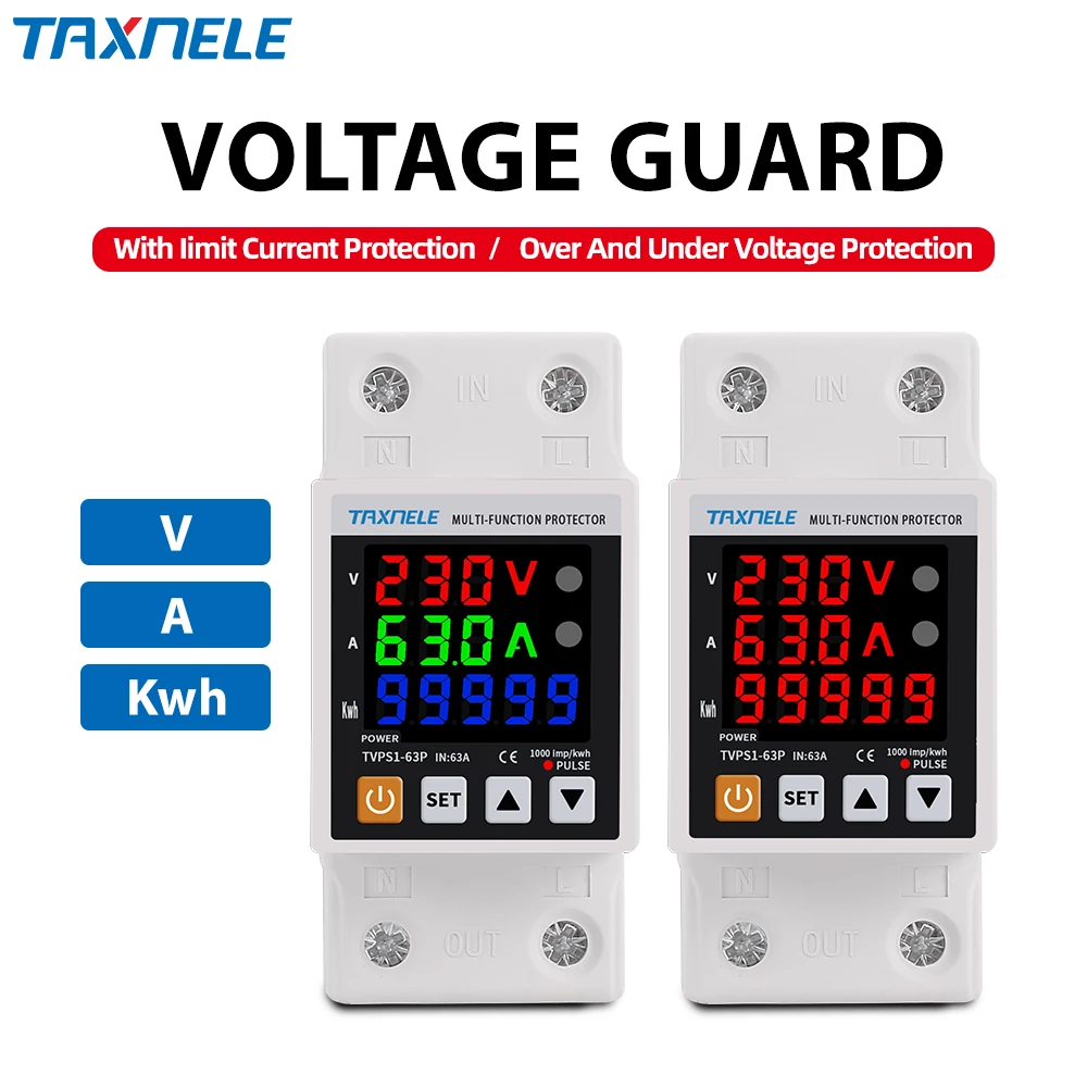 3IN1 Display Din Rail Adjustable Over Under Voltage Surge Protector Relay Over Current Protection Kwh Power Meter 230V 63A