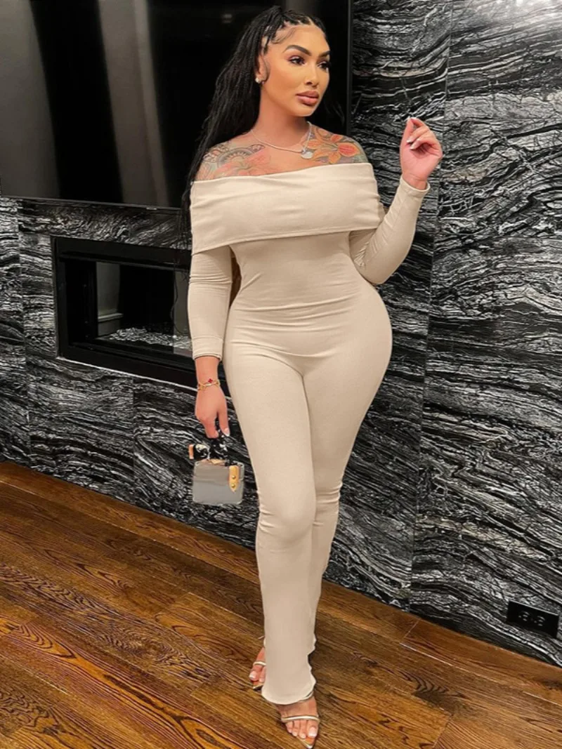 

Women Elegant Slash Neck Long Sleeve Solid Jumpsuits Female Outfit High Waist Flare Pants Khaki Party Overalls Fall Streetwear