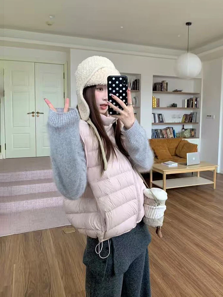 

MosesQueen Pink Stand Collar Cotton Vest Outerwear Sleeveless Top Women's Fashion Korean Style Commute Autumn Winter Clothes