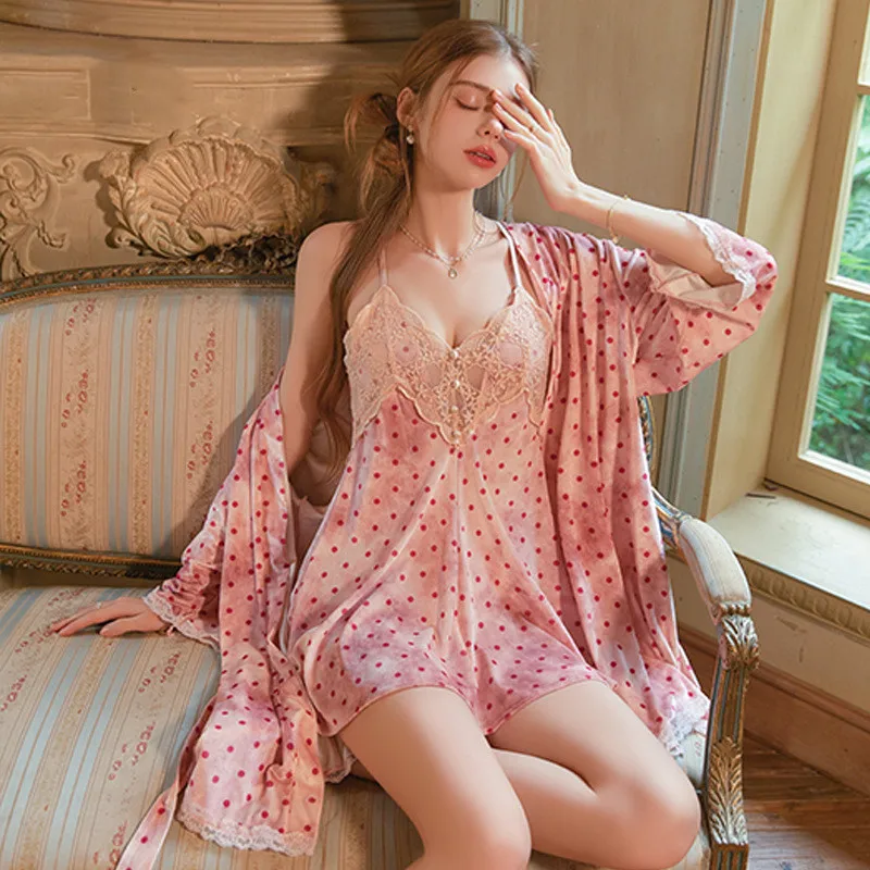 

Autumn Winter Velvet Female 2Pcs Robe Nightgown Set Sleepwear Sexy Polka Dot Nightdress Home Clothes Velour Lounge Wear