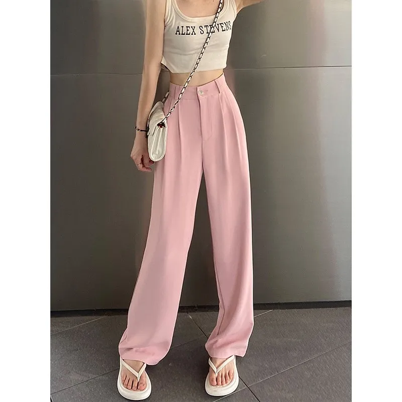 

Розовые драпированные повседневные женские костюмные брюки с высокой талией, летние корейские брюки длиной до пола, прямые широкие брюки