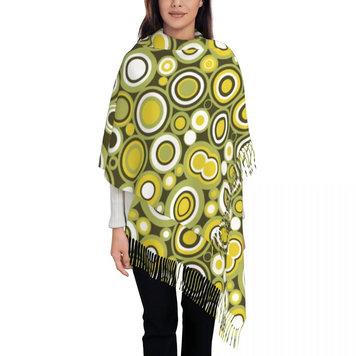 

Green Yellow And White Circle Retro Tassel Scarf Women Soft Geometric Colorful Shawls Wraps Lady Winter Scarves