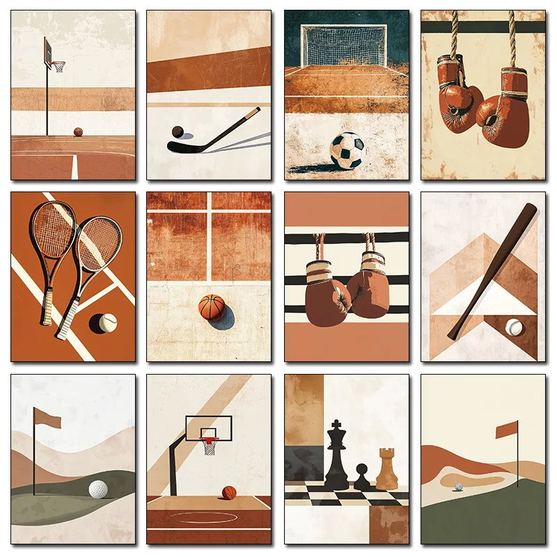 Retro Sports Basketball Baseball Soccer Golf Brown Poster Print Canvas Painting Minimalist Wall Art Pictures for Room Home Decor