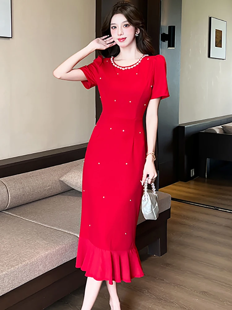 

Элегантное вечернее платье с рюшами и круглым вырезом Red Diamonds 2026 для вечеринок, летнее, шикарное, корейское, облегающее, для выпускного вечера, женское, праздничное