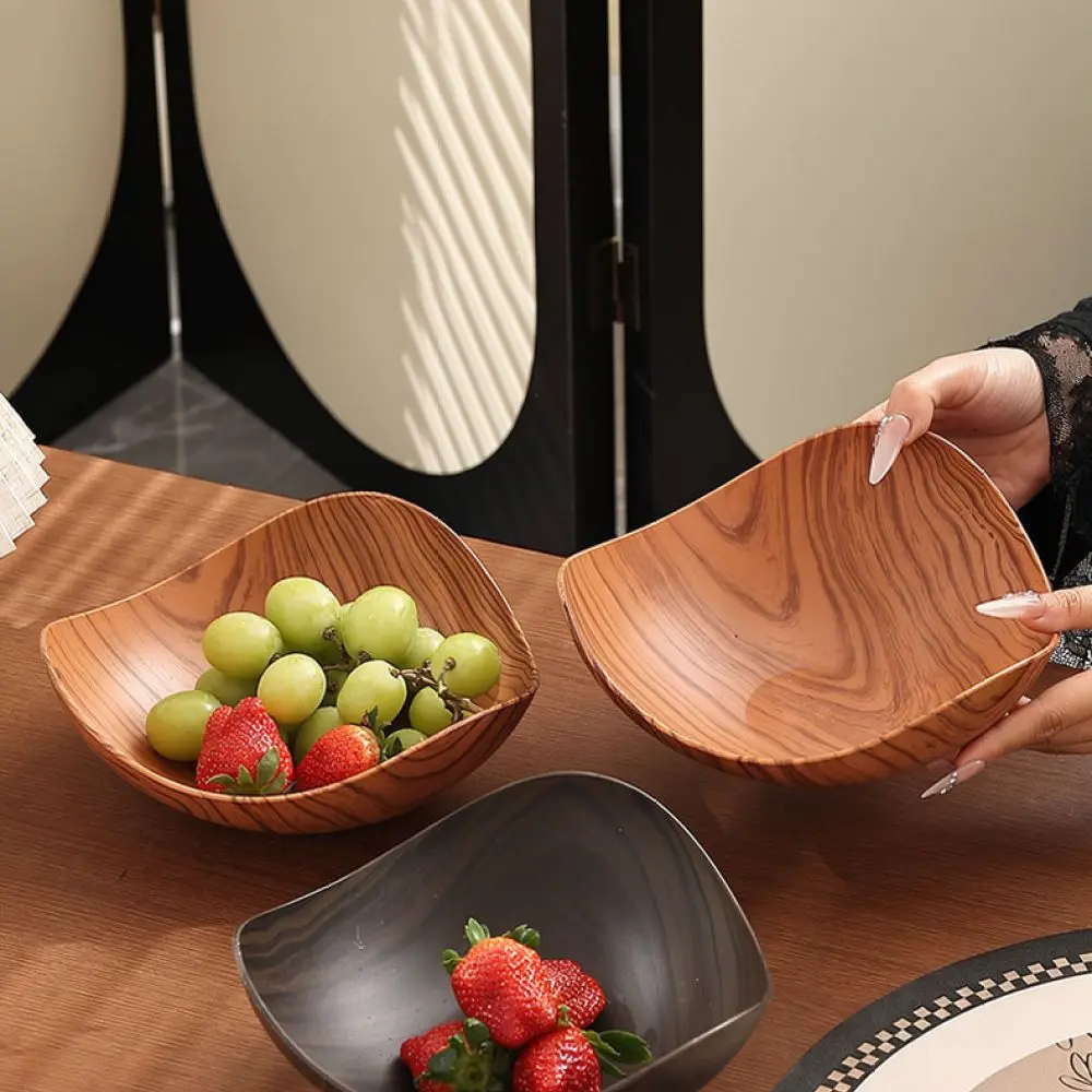 Durable Plastic Fruit Bowl Vintage Style Wood Grain Serving Tray Kitchen Countertop Organizer For Dessert Snack Items