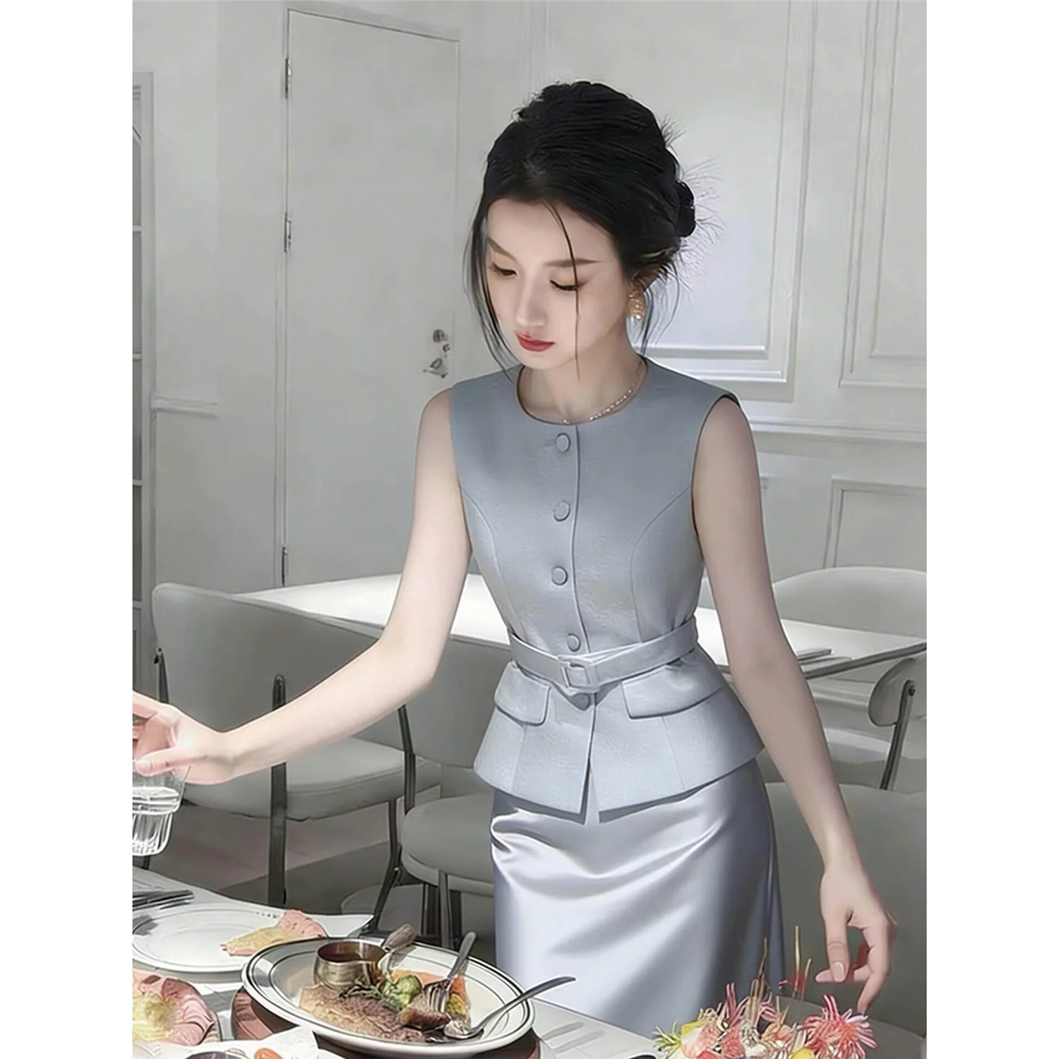 New High Quality Fashion Women's Suit Summer O-neck Sleevless Slim Vest Top + A-line Satin Midi Skirt Two Piece Set Elegant