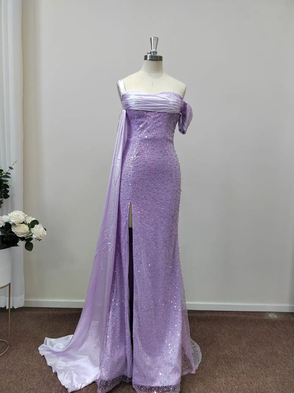 Sequined Lilac Evening Dresses High Split Beaded Mermaid Pleat Satin Off Shoulder Formal Party Prom Gowns Women Elegant Luxury