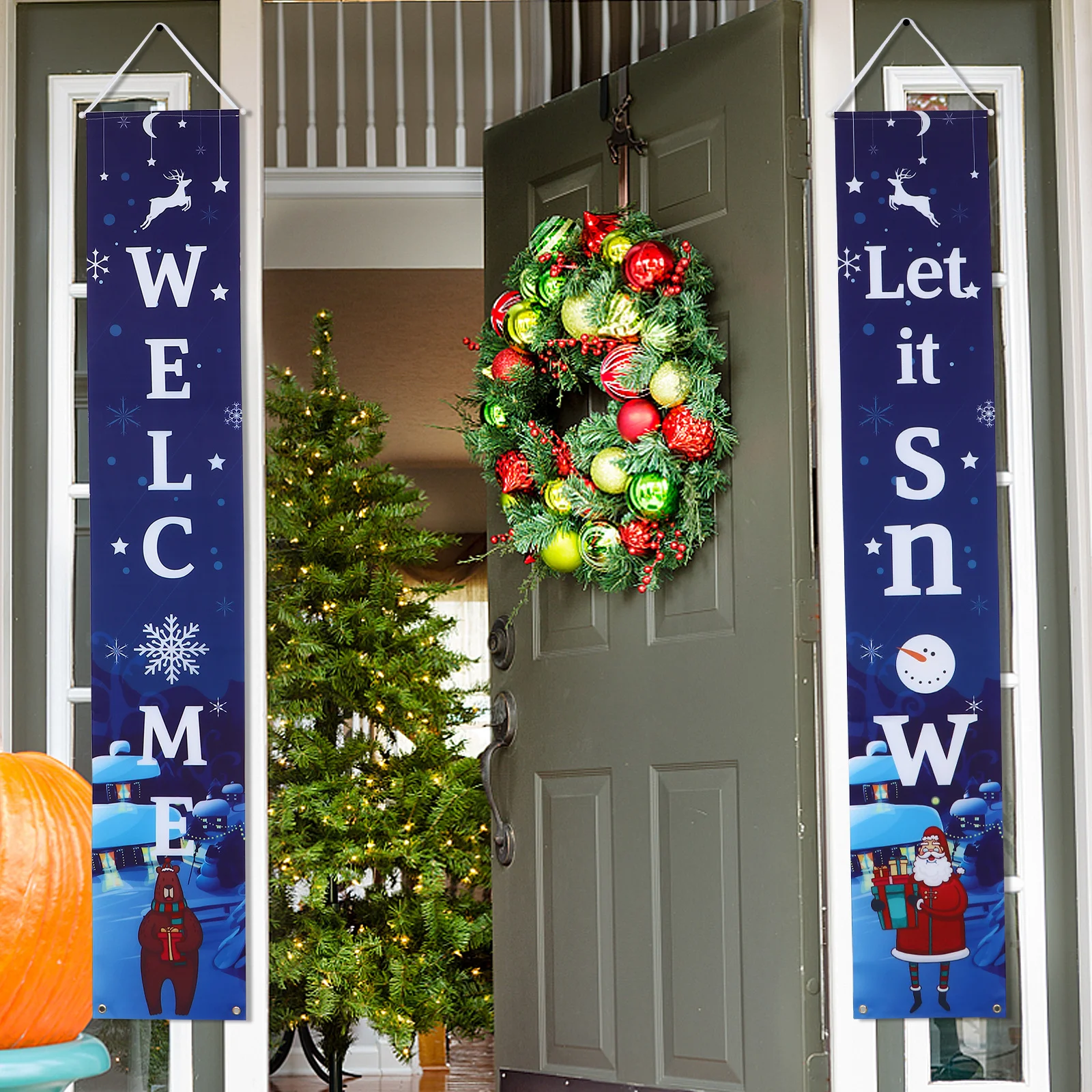 

1 Pair Christmas Door Banner Decorative Couplet Holiday Welcome Banners For Front Porch Outdoor Indoor Party Decoration Reusable
