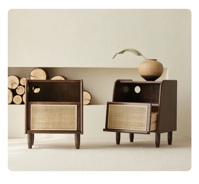 

new Bedside Table Nordic Oak Storage Cabinet Locker Small Apartment Home Bedroom Rattan Bedside Cabinetss 03