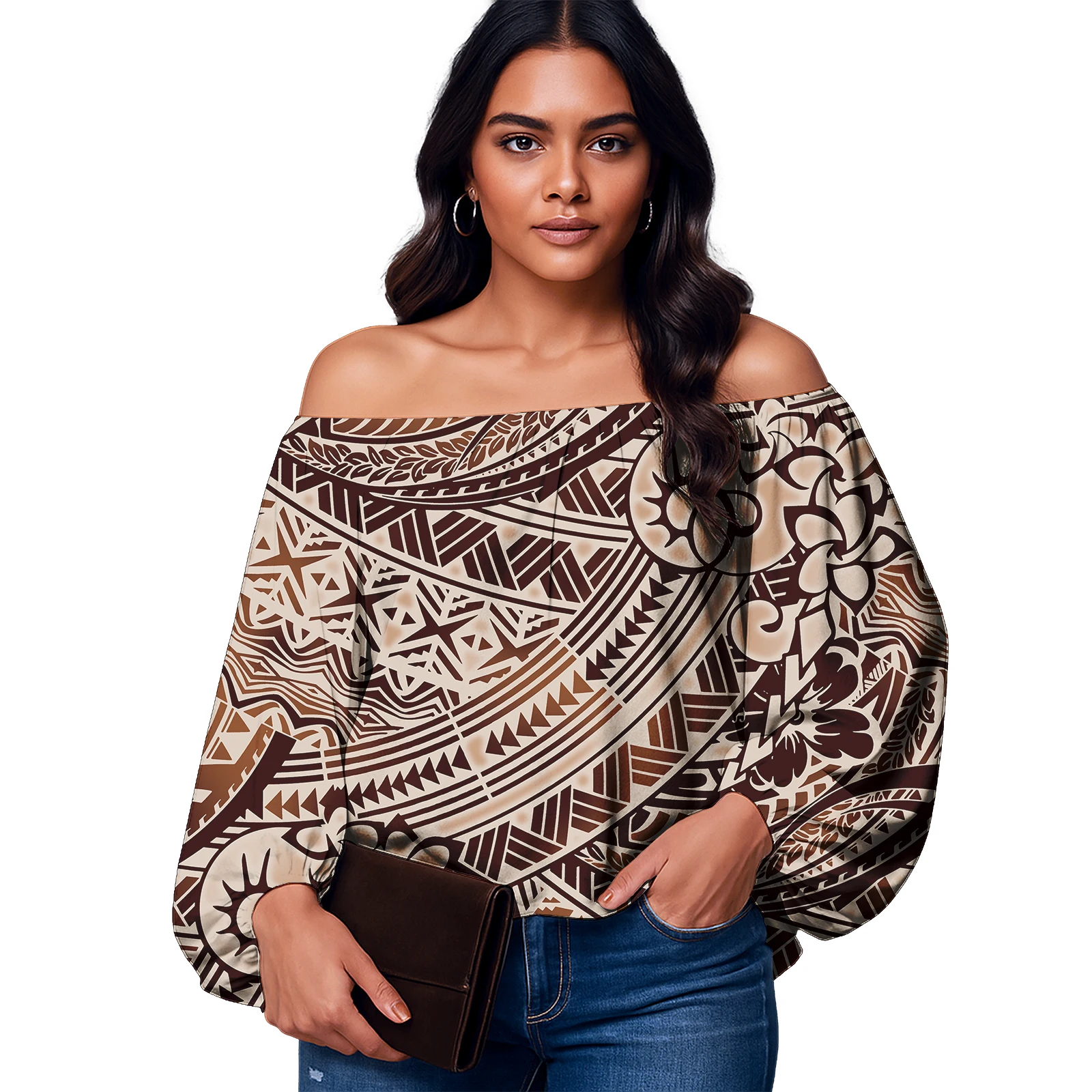 เสื้อผ้าผู้หญิงลายดอกไม้ฮาวายคุณภาพสูง ออกแบบลำลองสไตล์ซามัว แขนพองแบบโพลินีเซียน เสื้อผู้หญิง