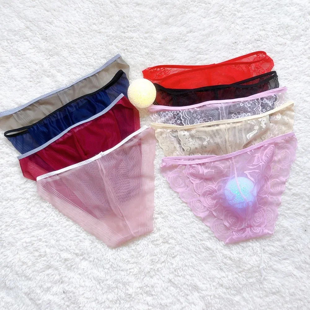 Men\'s Panties Sexy Briefs Lace Underpants Mesh Shorts Sheer Bulge Pouch Bikini Thongs Underwear Male Sexy Lingerie Color Random