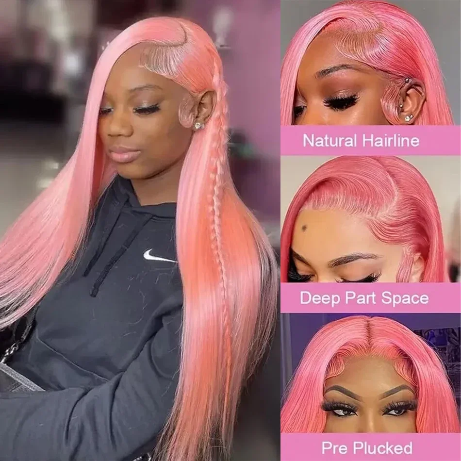

High Quality Transparent Lace Frontal Wigs 13x4 200 Density Brazilian Human Hair Wig Colored Pink Long Straight For Women