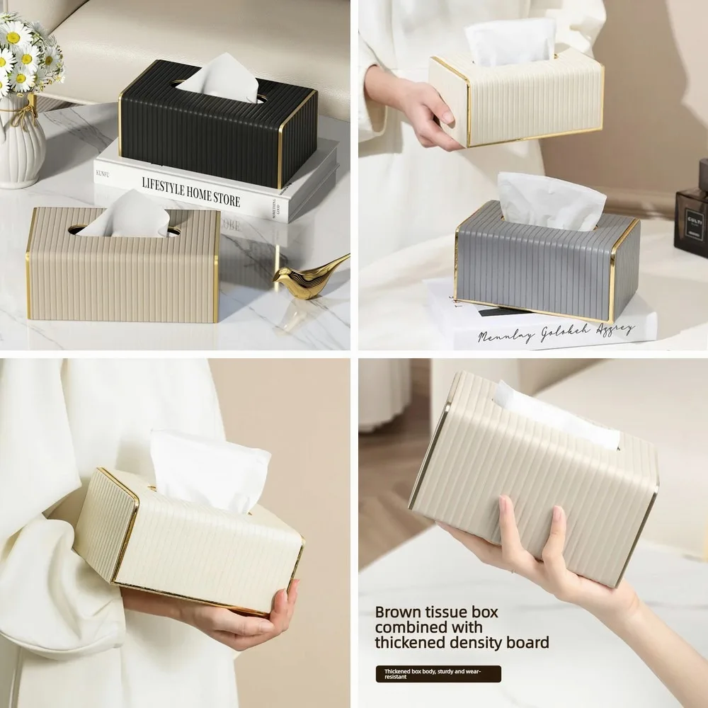 

White Leather Tissue Box Cover with Gold Edging, Decorative Rectangle Holder for Bathroom