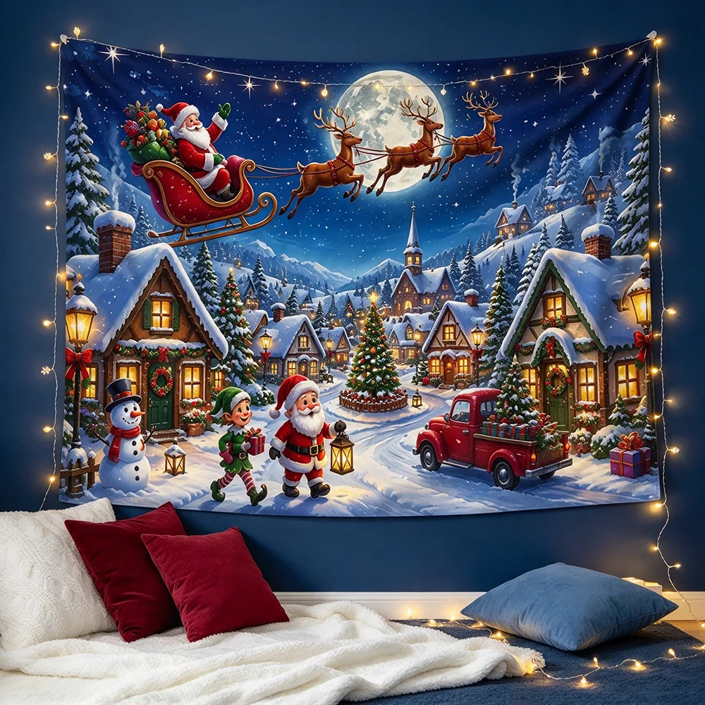 1PCS Tapestry, Santa Sleigh Flying Night Sky Village Snowman Scene, Holiday Party Decoration for Home Studio