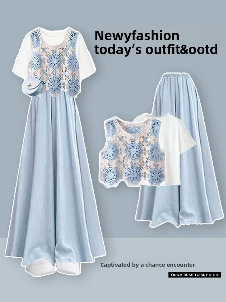 ชุดเซ็ตแฟชั่นฤดูร้อนสำหรับผู้หญิง เสื้อยืดหลวมอเนกประสงค์สีน้ำเงิน ดีไซน์เว้า พร้อมกางเกงขายาว ผลิตจากเส้นใยโพลีเอสเตอร์ คอกลม แขนสั้น