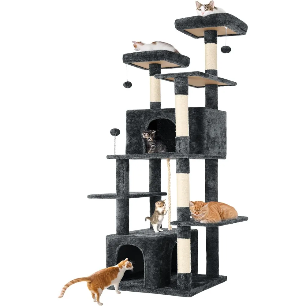 Menara Pohon Kucing Besar 69 Inci untuk Kucing Dalam Ruangan dengan Bola Gantung Mewah Lembut, Dua Kondominium, Tiang Goresan Sisal & Permainan Tali untuk Anak Kucing/Adu