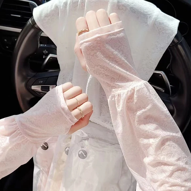 Manches fines en dentelle et soie glacée, Protection solaire Anti-UV, couvre-bras, gants de cyclisme en plein air