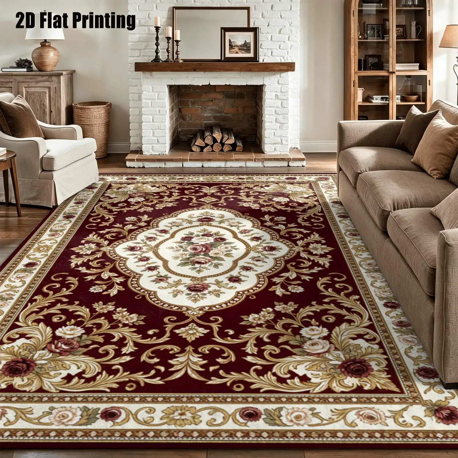 1Pc 2D Printed Burgundy Rose Scroll Flower Vintage Carpet, Home Decor, Multi-Size, Machine Washable, Multi-Scene Use
