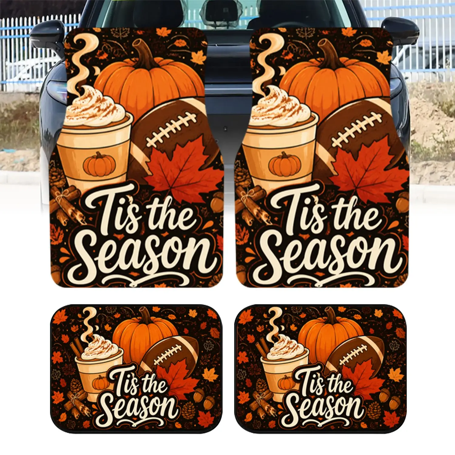 4pcs Polyester Fiber Car Floor Mats with Season Autumn Pumpkin Football Coffee Print, Universal Fit Auto Ground Pads Carpets