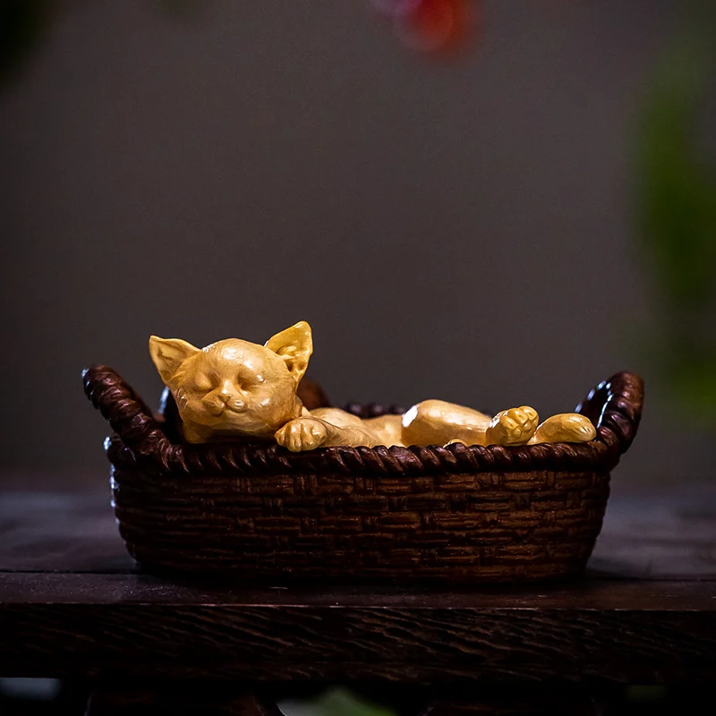 Boxwood Carved Cat Sculpture, Creative Animal Craft, Decor and Accessories