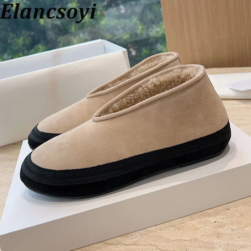 

Autumn Winter Flat Heeled Thick Soled Cow Suede Flat Shoes Women Wool Lined Warm Snow Boots Daily Leisure Walking Ankle Botas