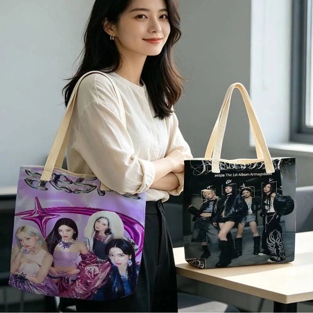 Girl Group Kpop A-Aespa Linen Blend Cotton Polyester Tote Bag Women Designer Handbags Shopping Bags for Groceries Simple life