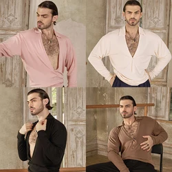 Male Deep V-Neck Latin Dance Tops Adult Samba Chacha Ballroom Dance Top Men'S Long Sleeves Latin Dance Shirt Practice Wear 11241
