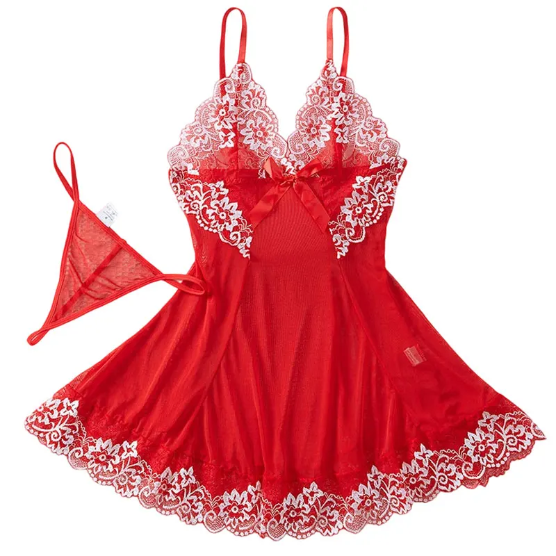Plus Size Lace Tulle Nightgown Transparent Homewear Red Sexy Clothing Night Dress V-Neck Delicate Bra Erotic Set With Thong
