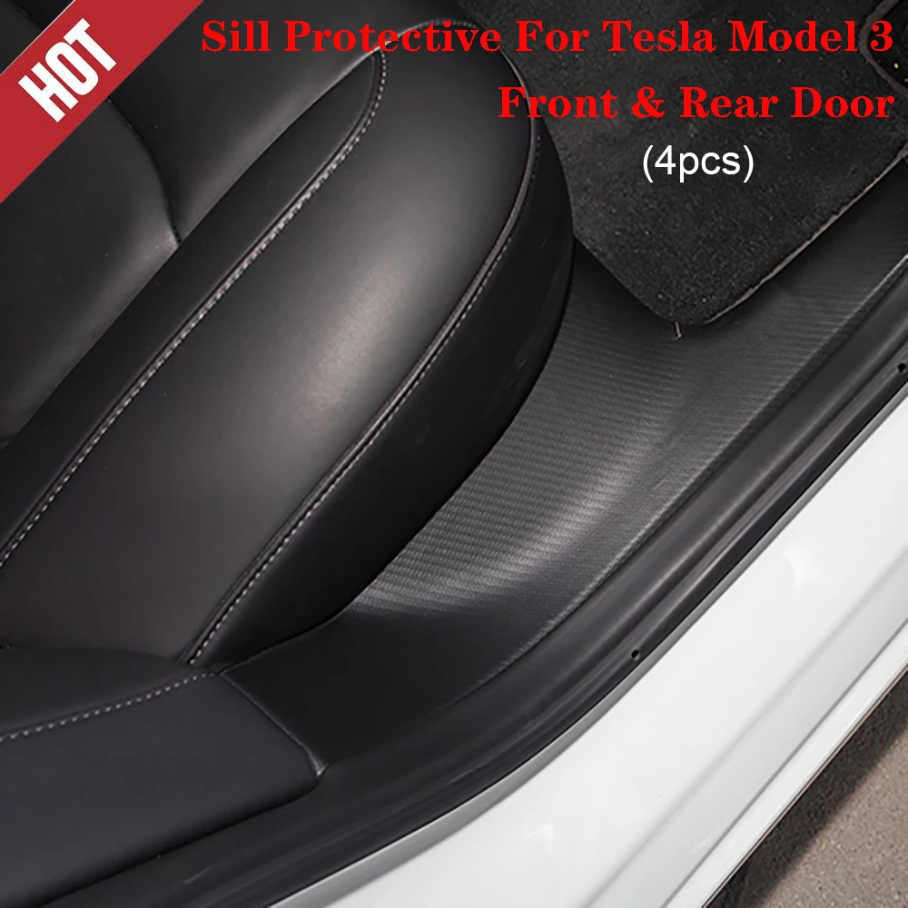 For Tesla Model 3 2017-2023 Car Leather Carbon Fiber Style Front & Rear  Door Sill Protective 4PCS/SET