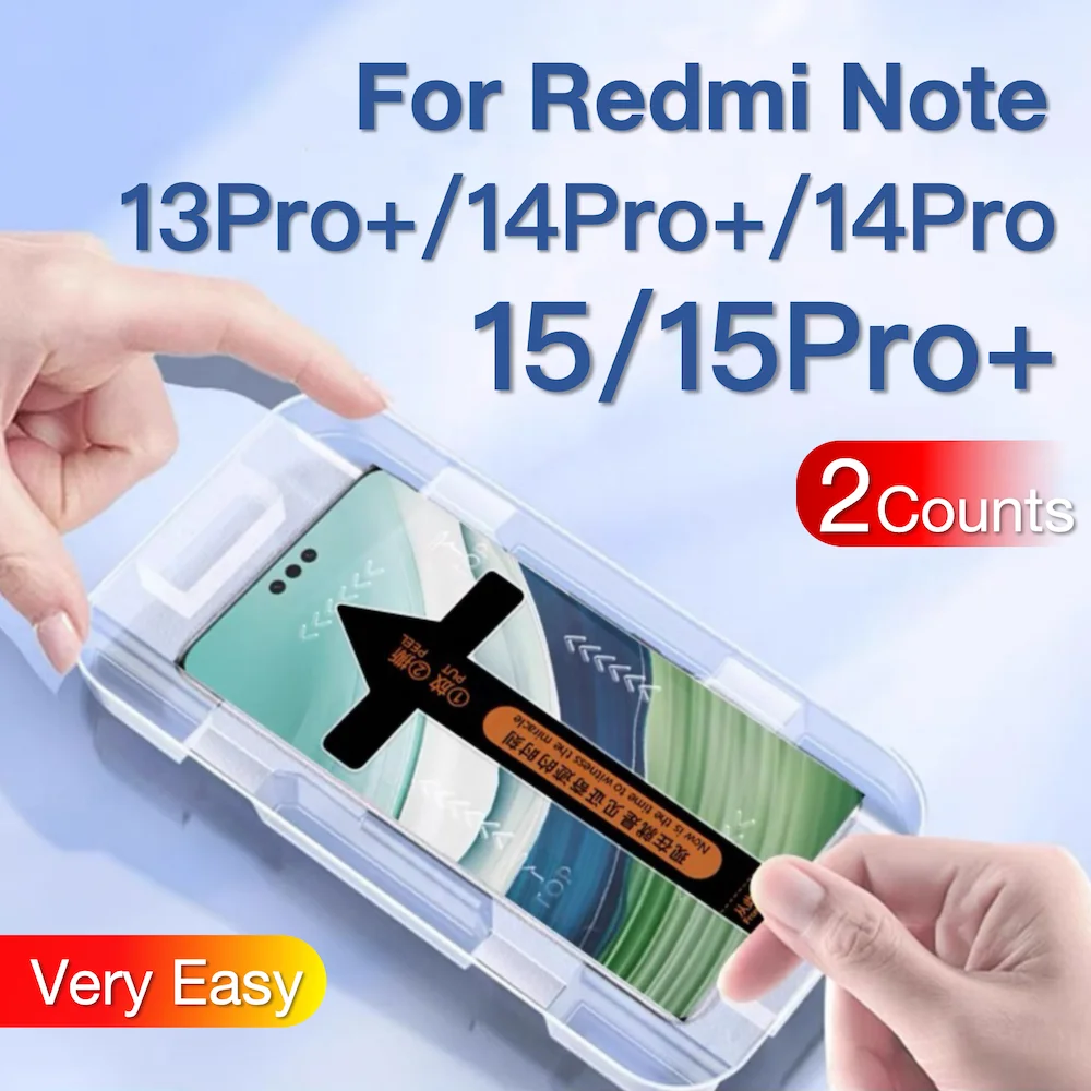 2Pcs For Xiaomi Redmi Note 13 14 15 Pro Plus + Red Mi Toughened Glass Screen Protector Protective With Install Kit