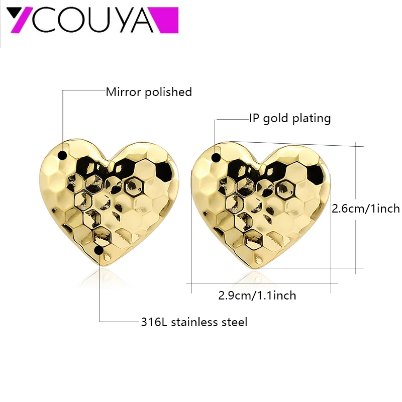 New 18K Gold Plated Heart Earrings with Hexagon Texture Stainless Steel  Anti-Allergy Stud Earrings Elegant Daily Jewelry