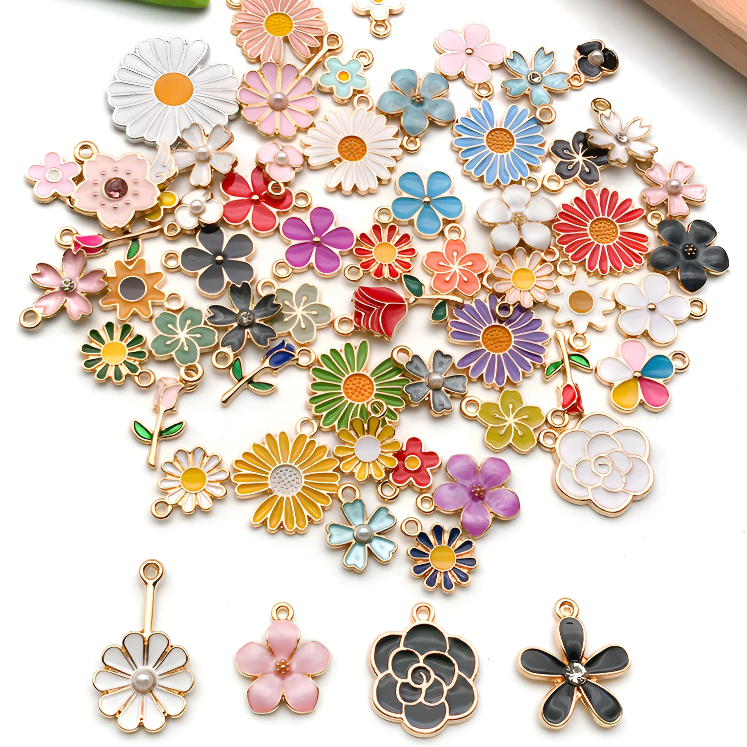 60pcs Enameled Floral Charms - Assorted Colored Daisy, Cherry Blossom & Rose Alloy Pendants for DIY Jewelry Making.