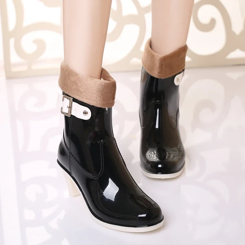 High-heeled Women Rain Boots  Wellies Women Female Rainboots Women with Warm Liner