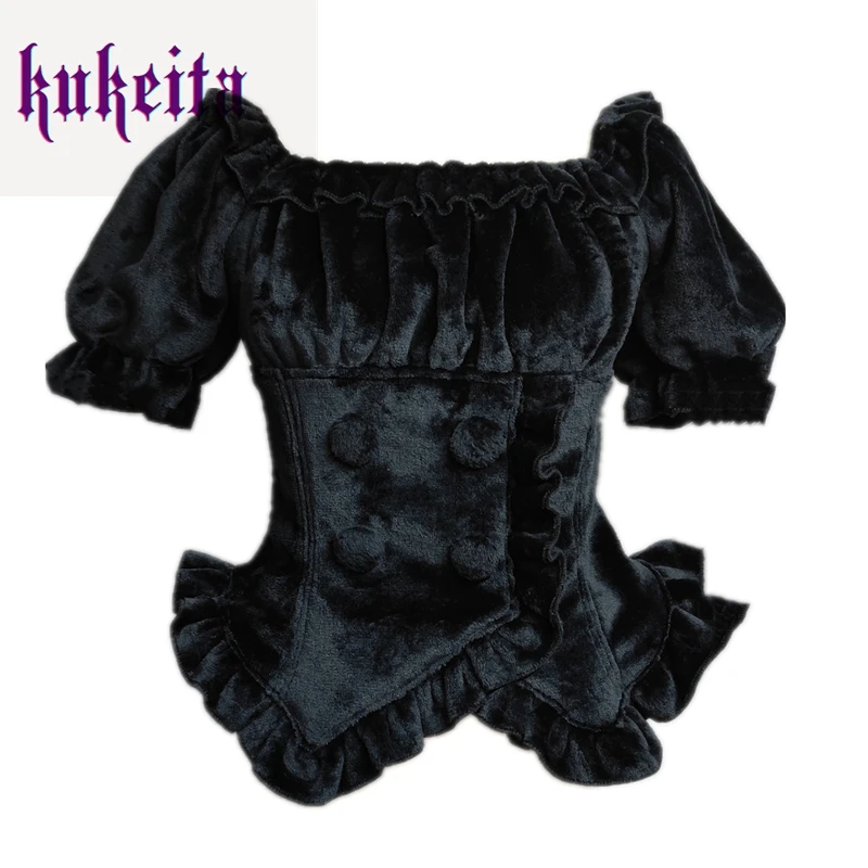 Kukeita Harajuku Gothic Lolita Shirt Japanese Y2k Sweet Bow Ruffles Blouse Solid Plush Warm Kawaii Tops Women Elegant Clothes