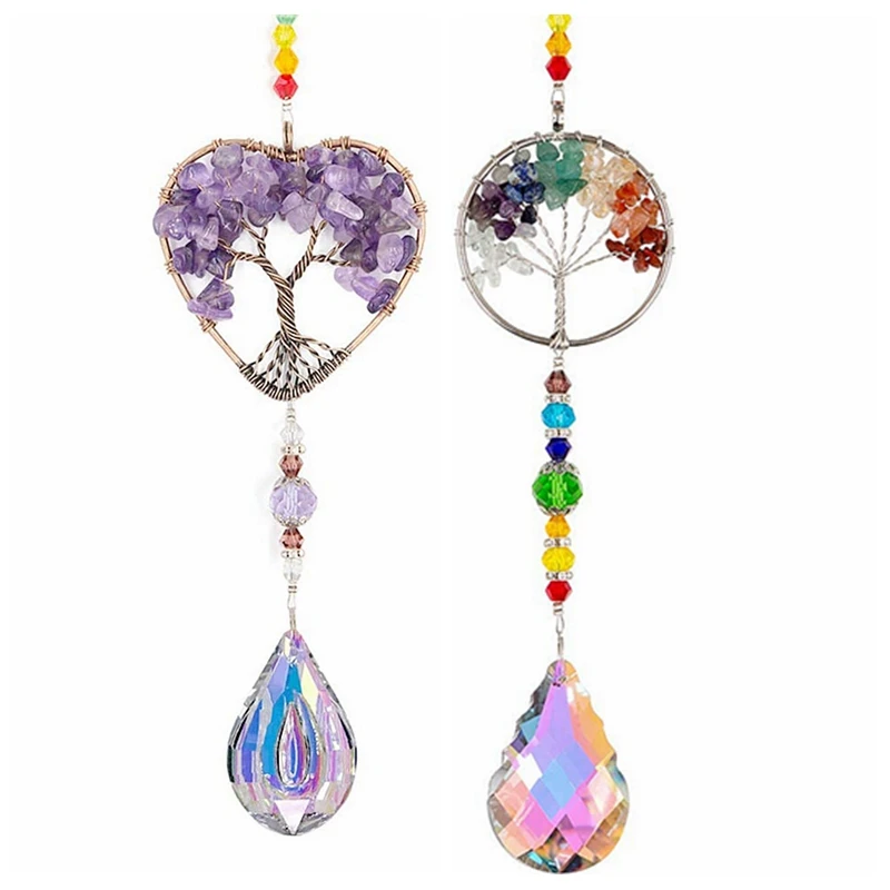 7 Chakra Stones Amethyst Chips Crystal Sun Catcher Metal Tree of Life Charm Wall Decor Hanging Pendant Wind Chimes Dropship
