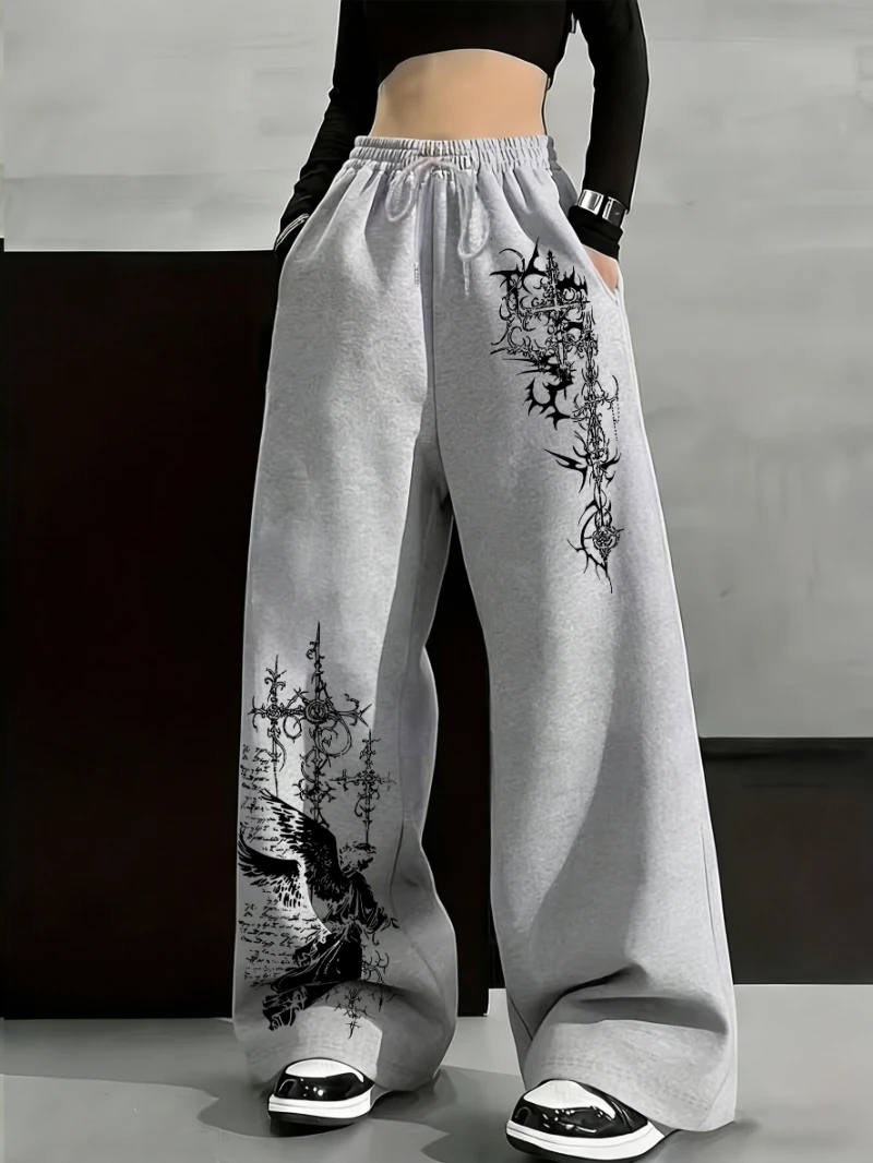 Women's casual, minimalist, dark gothic angel cross pattern, retro-chic, versatile y2k hip-hop women's loose trousers.