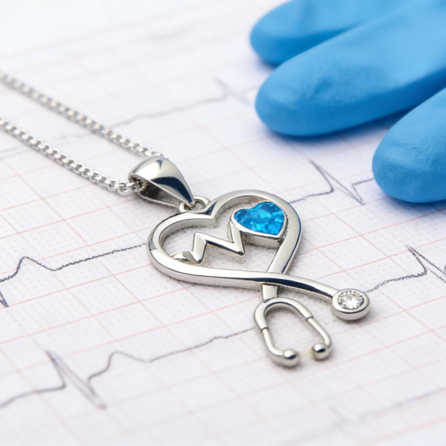 Medical Jewelry for Women,Heart Stethoscope Necklace with Blue Opal,Silver Plated Appreciation Gift, Nurse Graduation Present - view 4